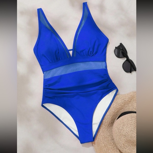 Luxe royal blue mesh insert one piece swimsuit - Picture 2 of 16